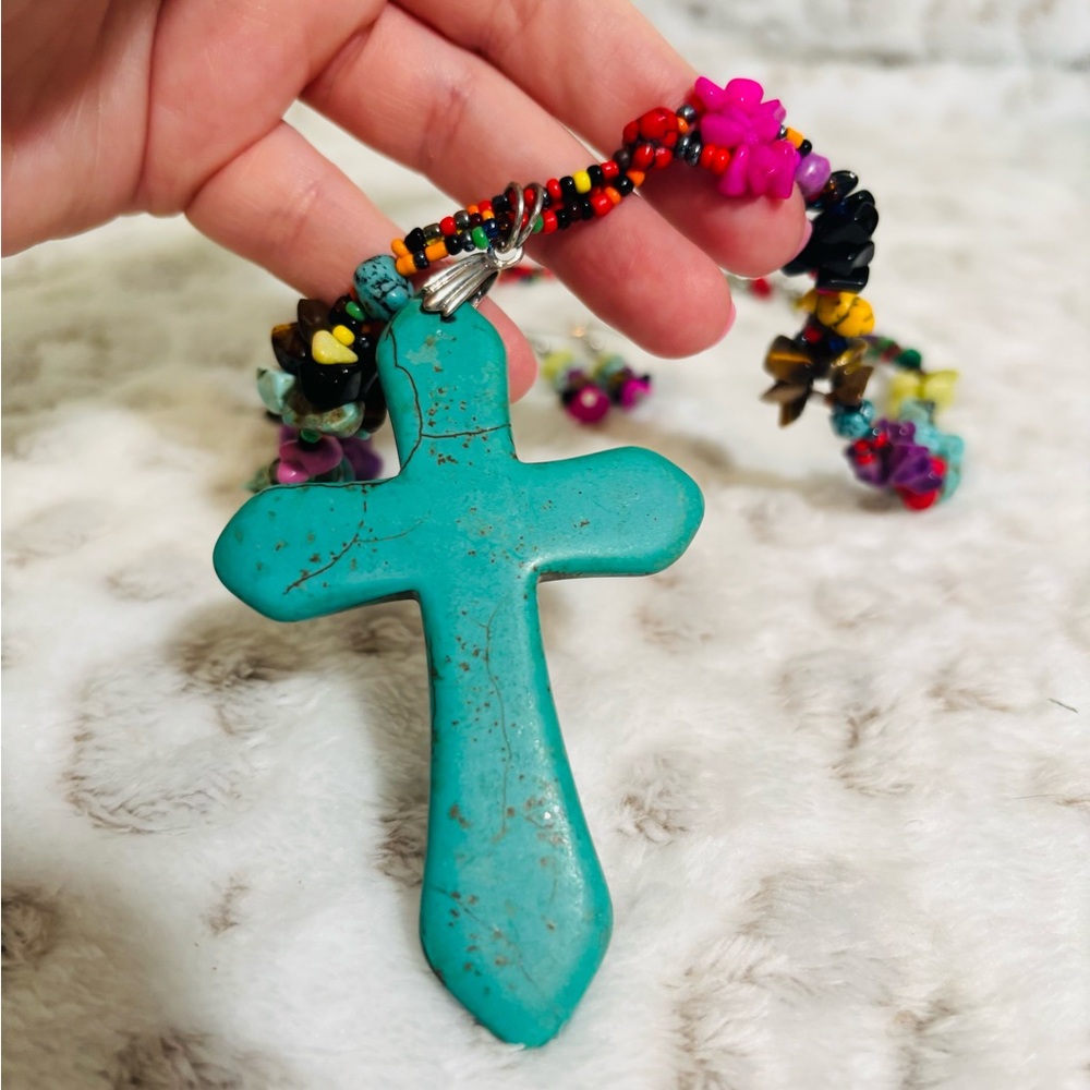 Turquoise Cross Necklace and Earring Set